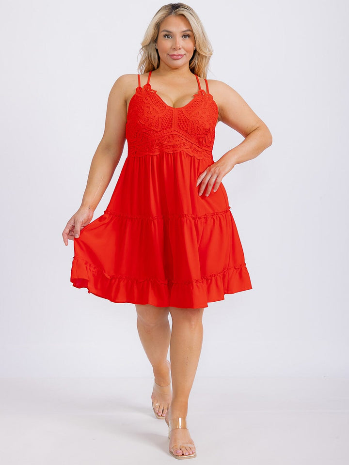 PLUS SIZE SLEEVELESS OPEN BACK LACE FIT & FLARE MINI DRESS