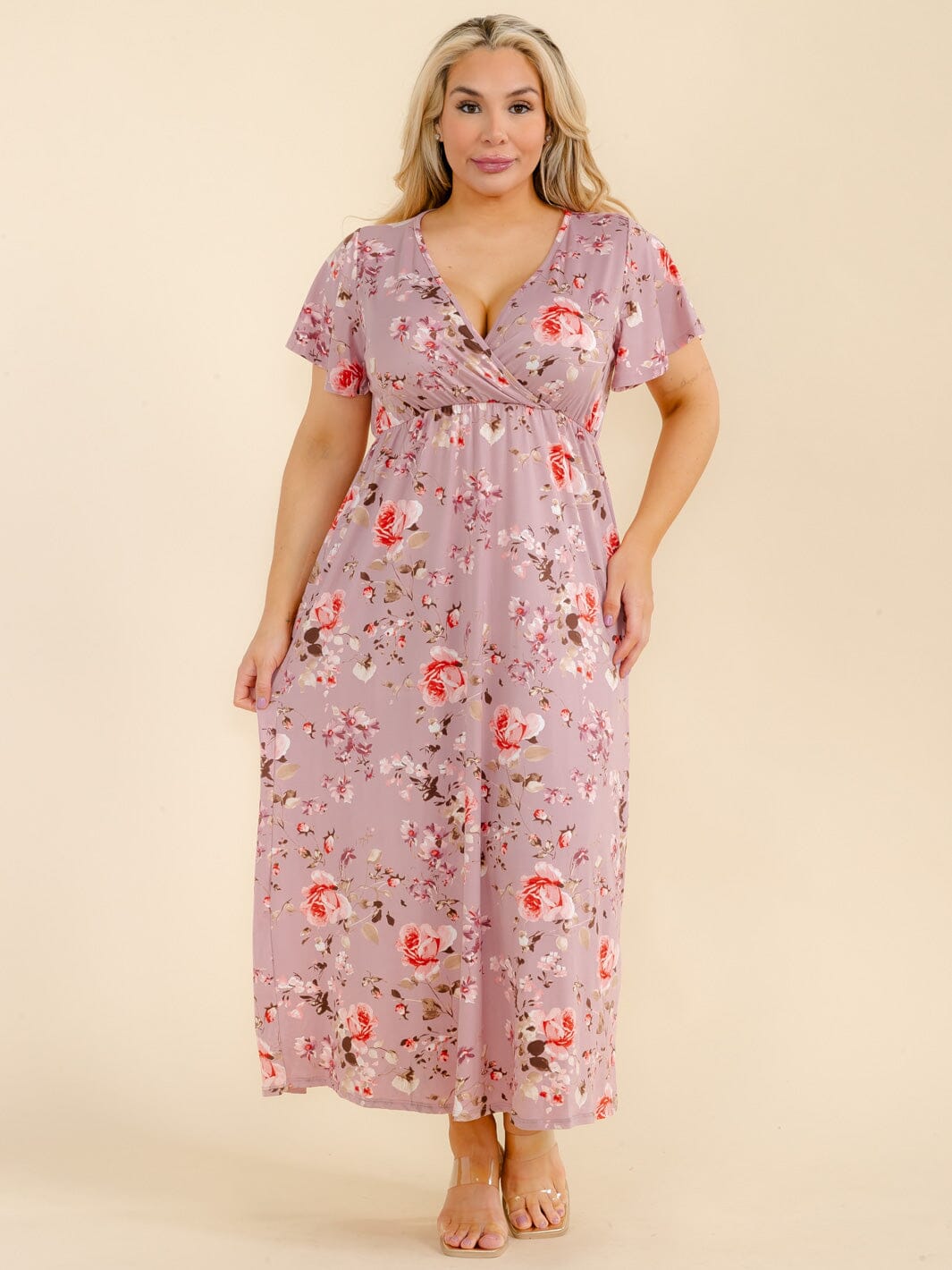 PLUS SIZE SHORT SLEEVE SURPLICE FLORAL MAXI DRESS