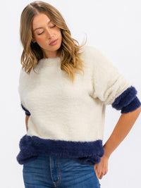 WOMEN'S LONG SLEEVE FUZZY COLORBLOCK PULLOVER SWEATER