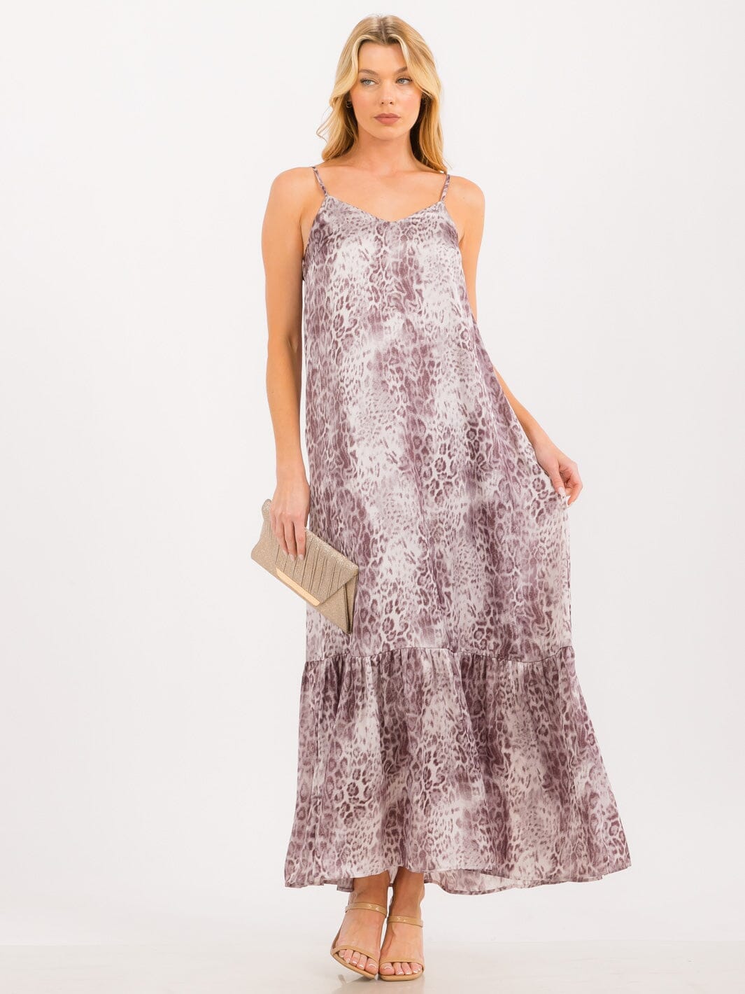 WOMEN'S SLEEVELESS TIERED ANIMAL PRINT MAXI DRESS
