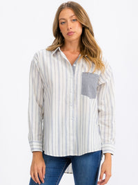 WOMEN'S LONG SLEEVE FRONT POCKET BUTTON UP STRIPES TOP