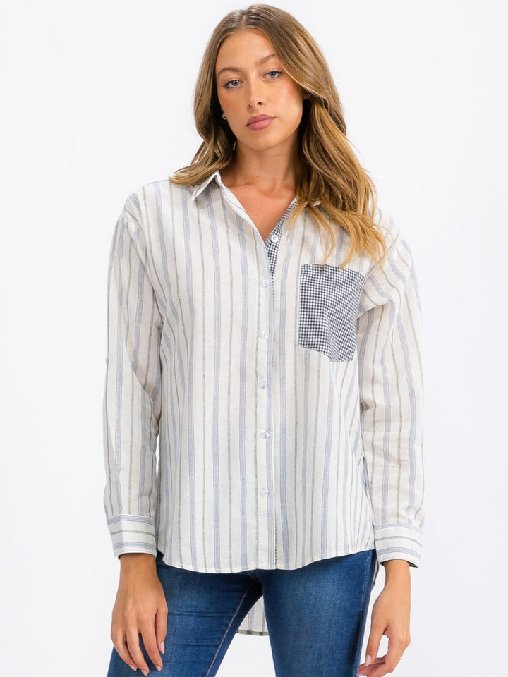 WOMEN'S LONG SLEEVE FRONT POCKET BUTTON UP STRIPES TOP