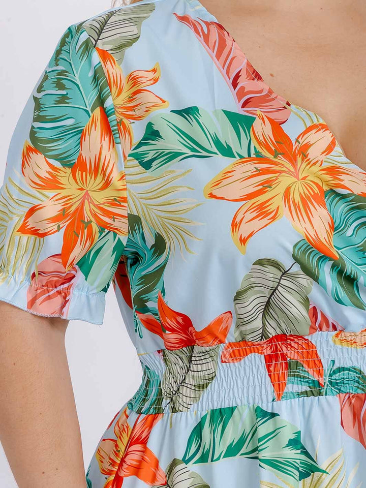 PLUS SIZE SHORT SLEEVE SURPLICE SMOCK WAIST FLORAL MAXI DRESS