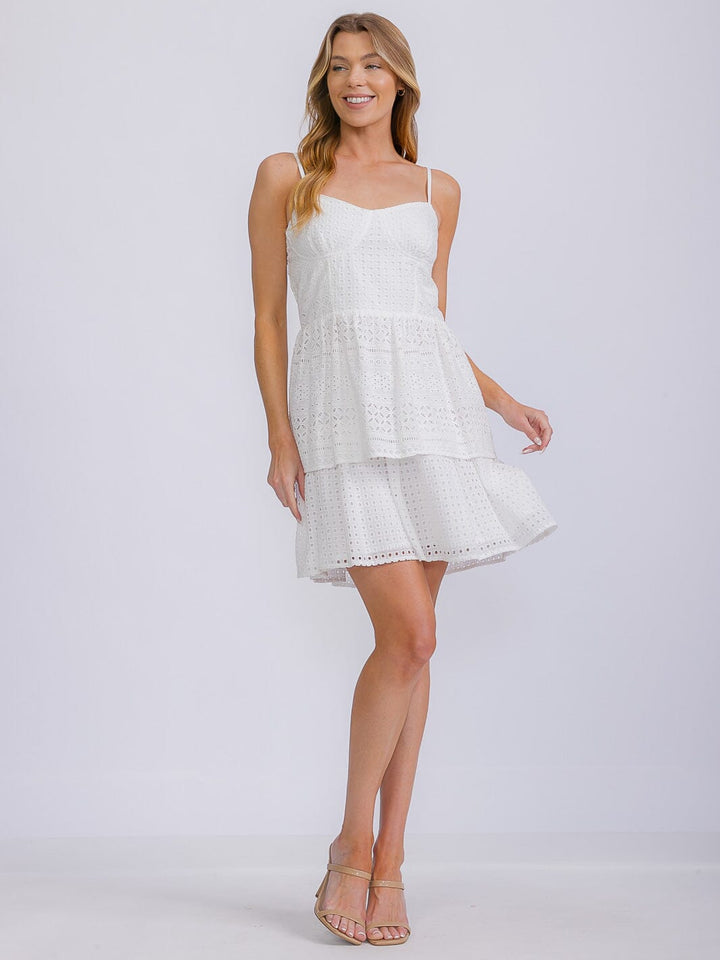 WOMEN'S SLEEVELES RUFFLE TIERED EYELET MINI DRESS