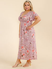 PLUS SIZE SHORT SLEEVE SURPLICE FLORAL MAXI DRESS