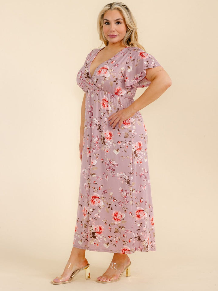 PLUS SIZE SHORT SLEEVE SURPLICE FLORAL MAXI DRESS