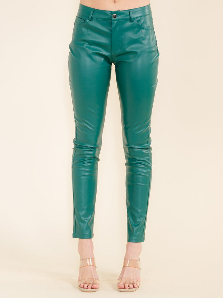 WOMEN'S BUTTON CLOSURE POCKETS PU PLEATHER SKINNY PANTS