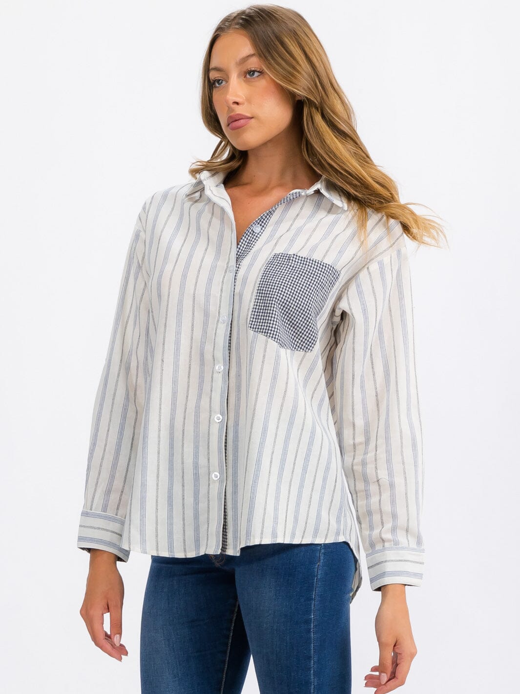 WOMEN'S LONG SLEEVE FRONT POCKET BUTTON UP STRIPES TOP