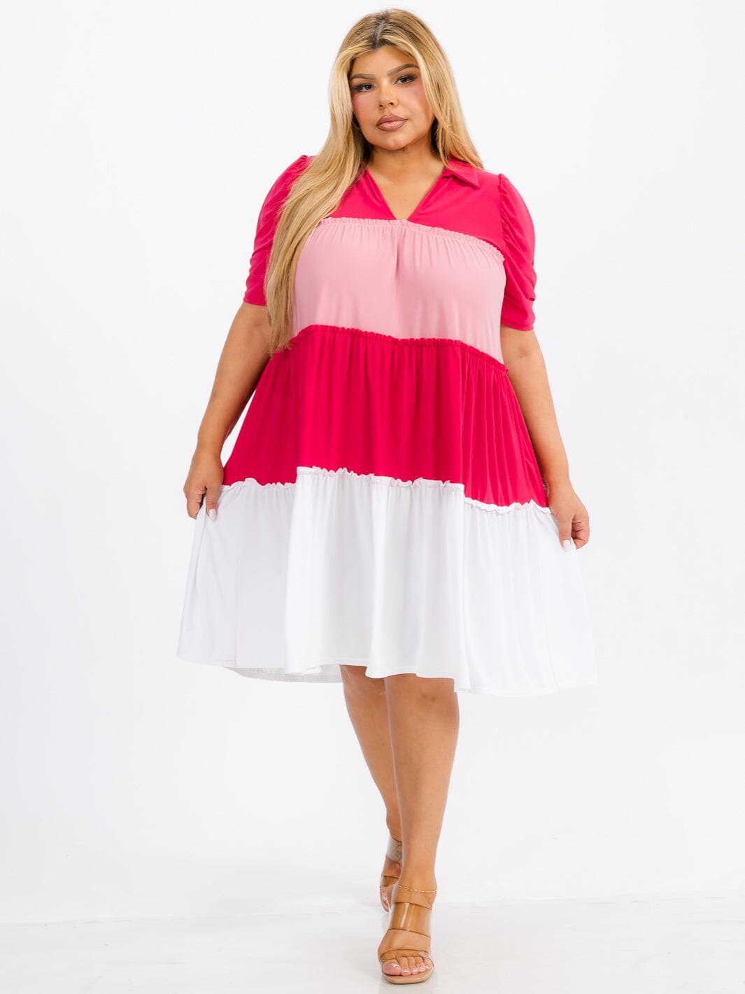 WOMEN'S SHORT SLEEVE V-NECK TIERED COLORBLOCK MIDI DRESS