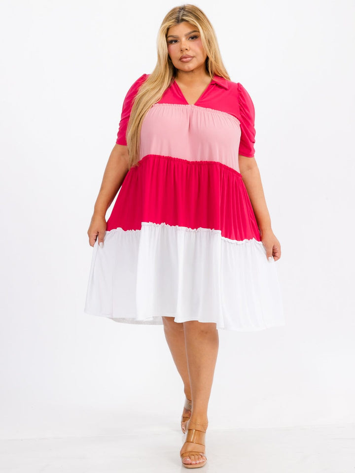 WOMEN'S SHORT SLEEVE V-NECK TIERED COLORBLOCK MIDI DRESS