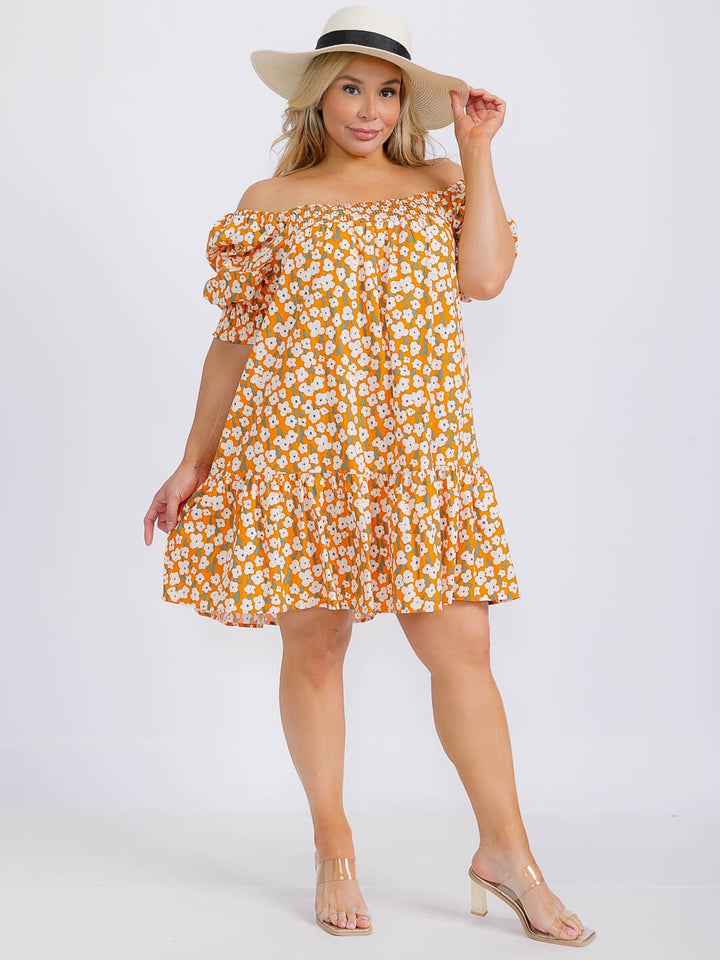 PLUS SIZE SHORT SLEEVE SMOCK NECK FRONT POCKETS FLOWER PRINT MINI DRESS