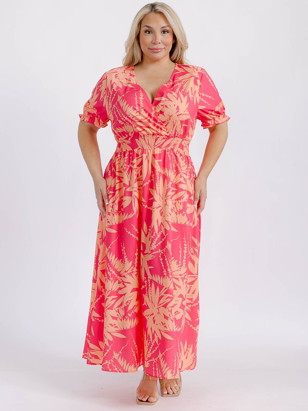 PLUS SIZE SHORT SLEEVE SURPLICE SMOCK WAIST FLORAL MAXI DRESS
