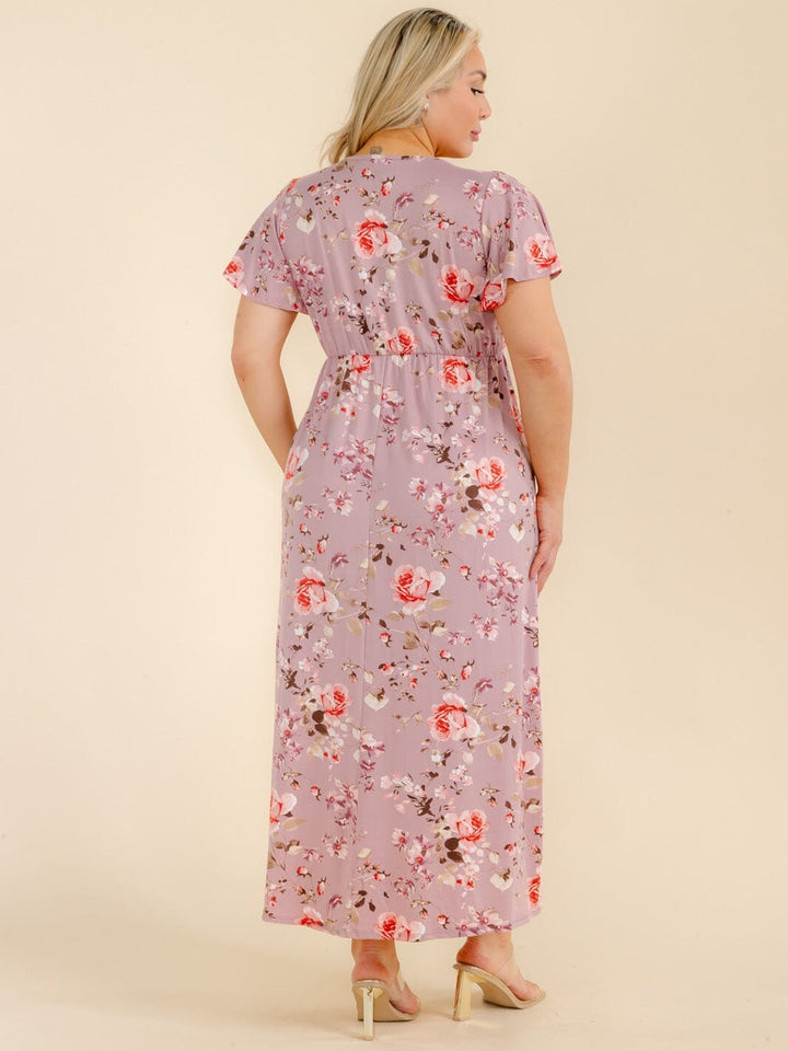 PLUS SIZE SHORT SLEEVE SURPLICE FLORAL MAXI DRESS