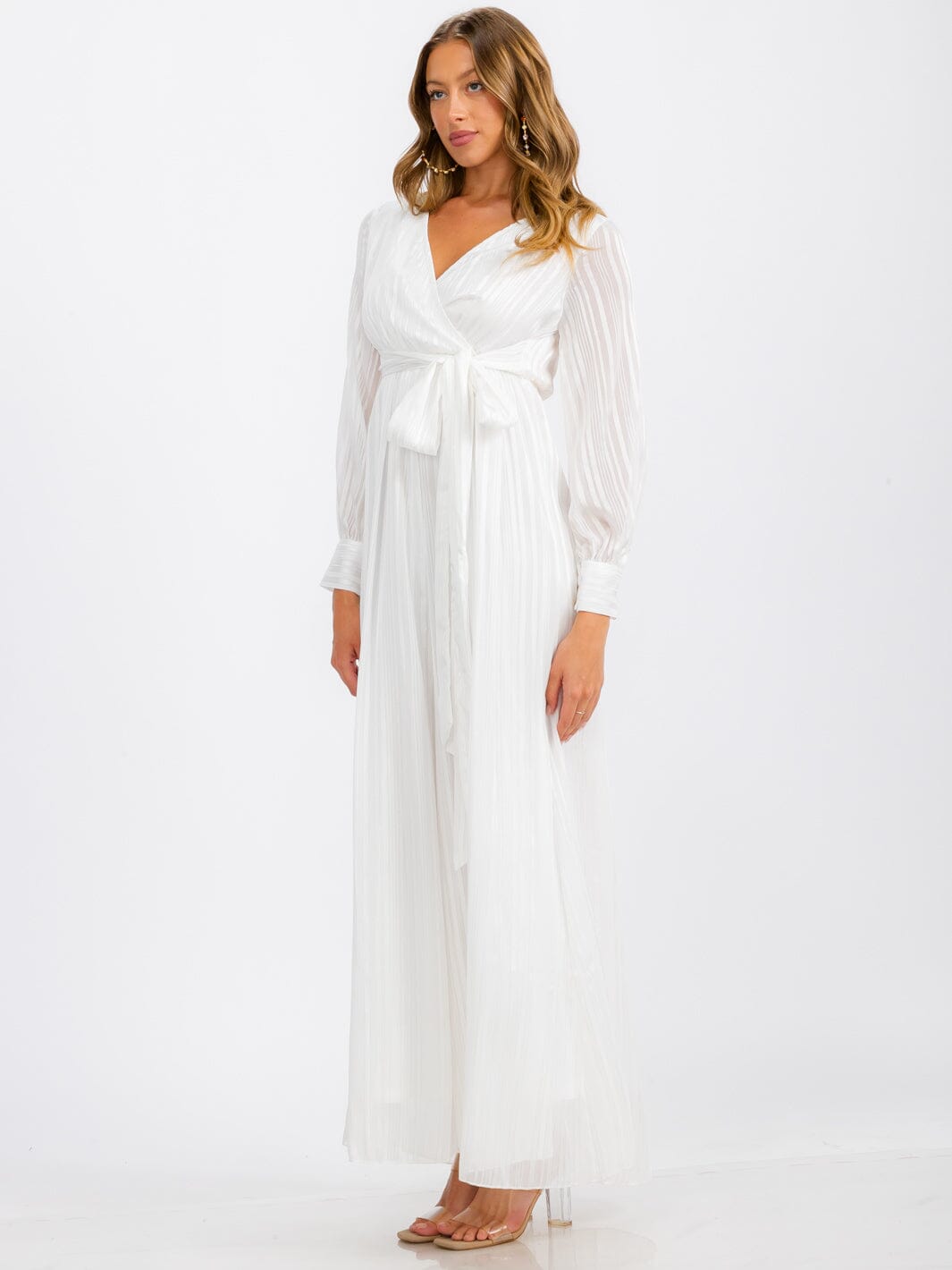 WOMEN'S LONG SLEEVE SURPLICE SELF TIE SHIMMER MAXI DRESS