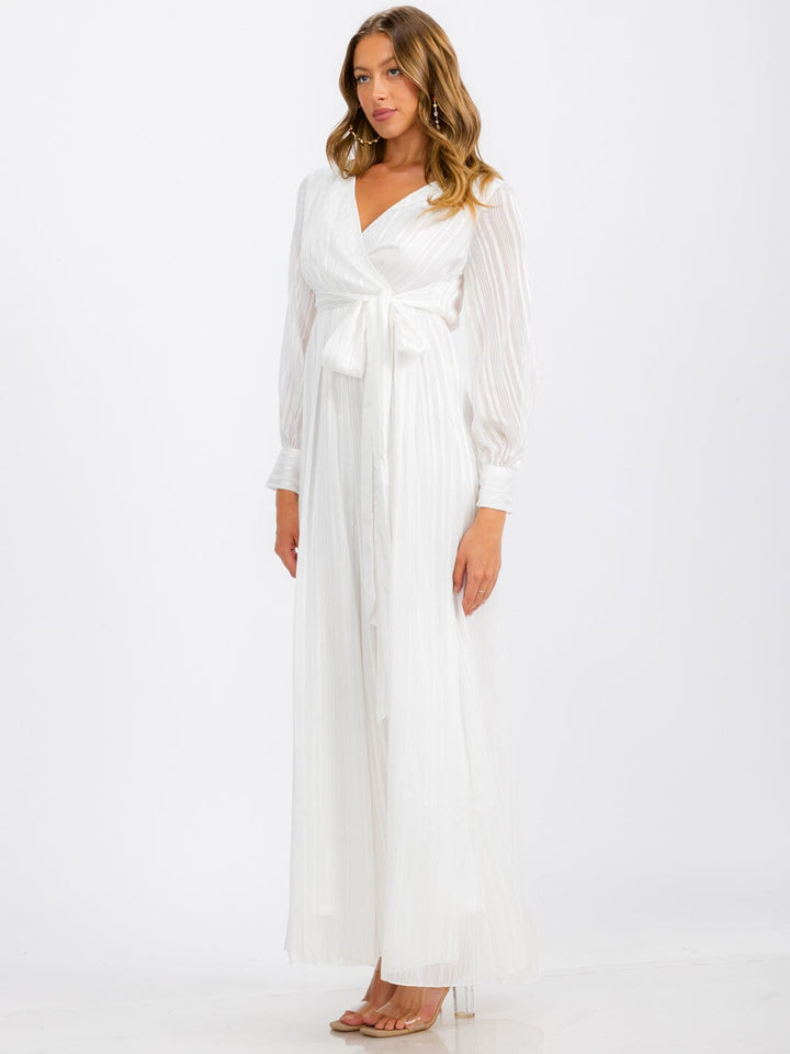 WOMEN'S LONG SLEEVE SURPLICE SELF TIE SHIMMER MAXI DRESS