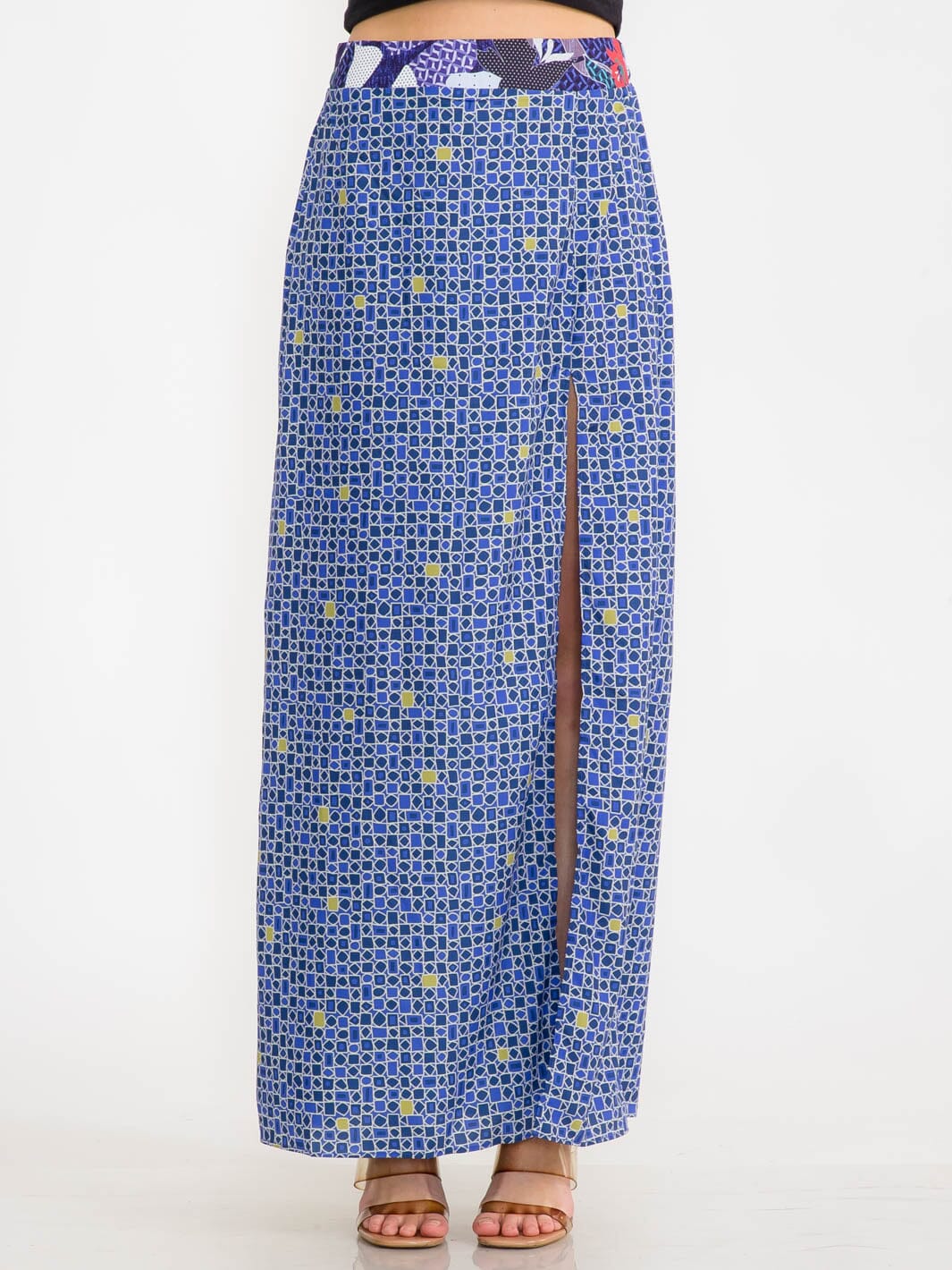 WOMEN'S ELASTIC WAIST MULTI PRINT FRONT SLIT MAXI SKIRT