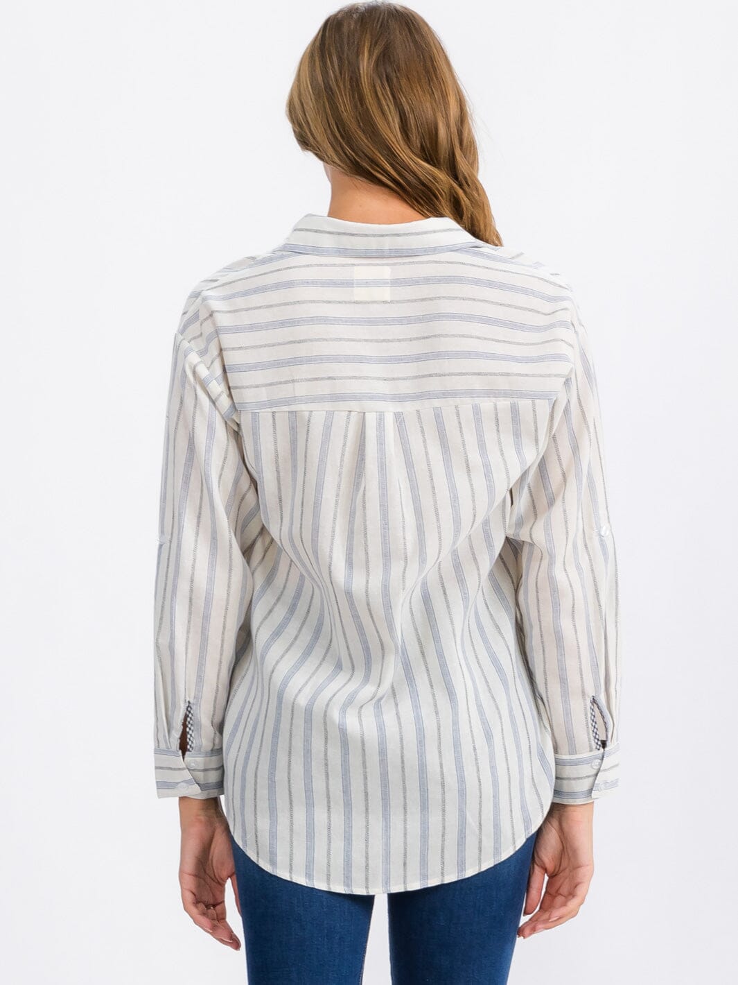 WOMEN'S LONG SLEEVE FRONT POCKET BUTTON UP STRIPES TOP
