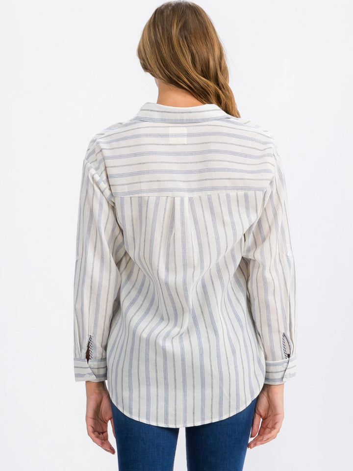 WOMEN'S LONG SLEEVE FRONT POCKET BUTTON UP STRIPES TOP