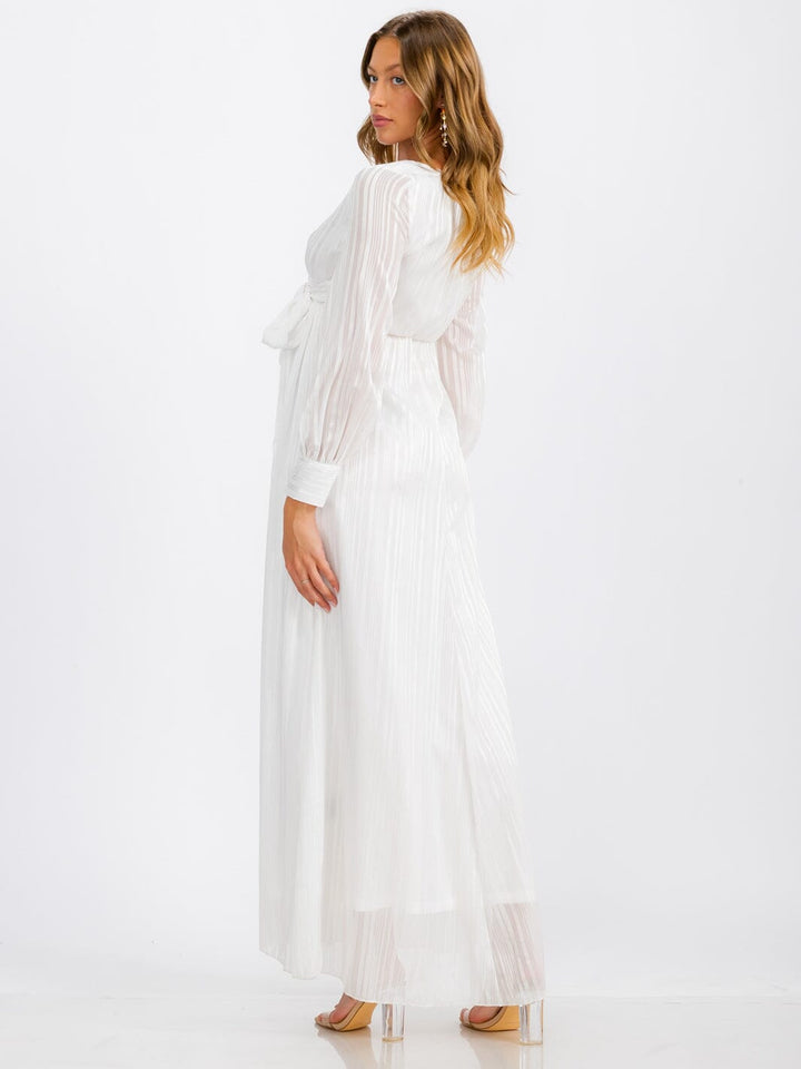 WOMEN'S LONG SLEEVE SURPLICE SELF TIE SHIMMER MAXI DRESS
