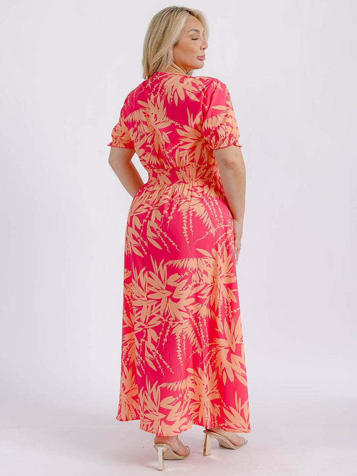 PLUS SIZE SHORT SLEEVE SURPLICE SMOCK WAIST FLORAL MAXI DRESS