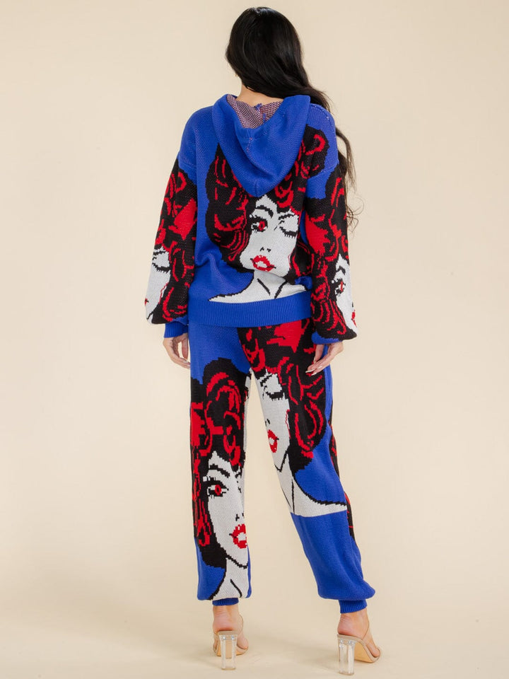 WOMEN'S LONG SLEEVE HOODED TOP & ELASTIC WAIST PANTS GRAPHIC 2PC SETS