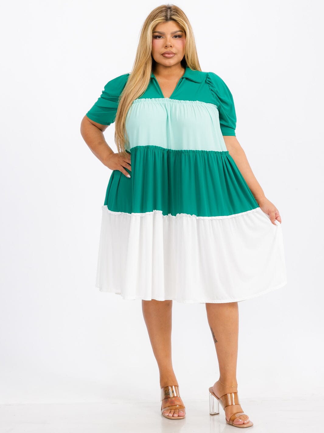WOMEN'S SHORT SLEEVE V-NECK TIERED COLORBLOCK MIDI DRESS
