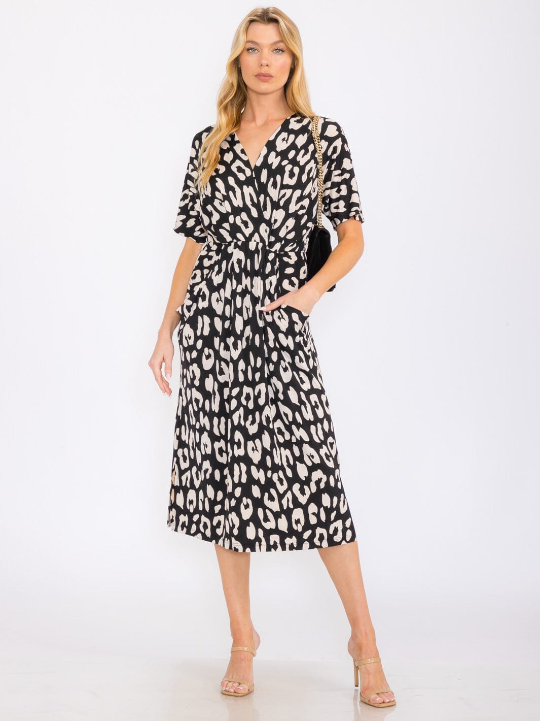WOMEN'S SHORT SLEEVES FRONT POCKETS SURPLICE ANIMAL PRINT MIDI DRESS