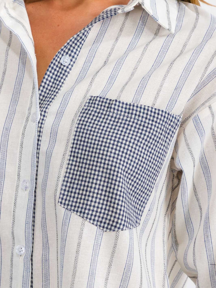 WOMEN'S LONG SLEEVE FRONT POCKET BUTTON UP STRIPES TOP