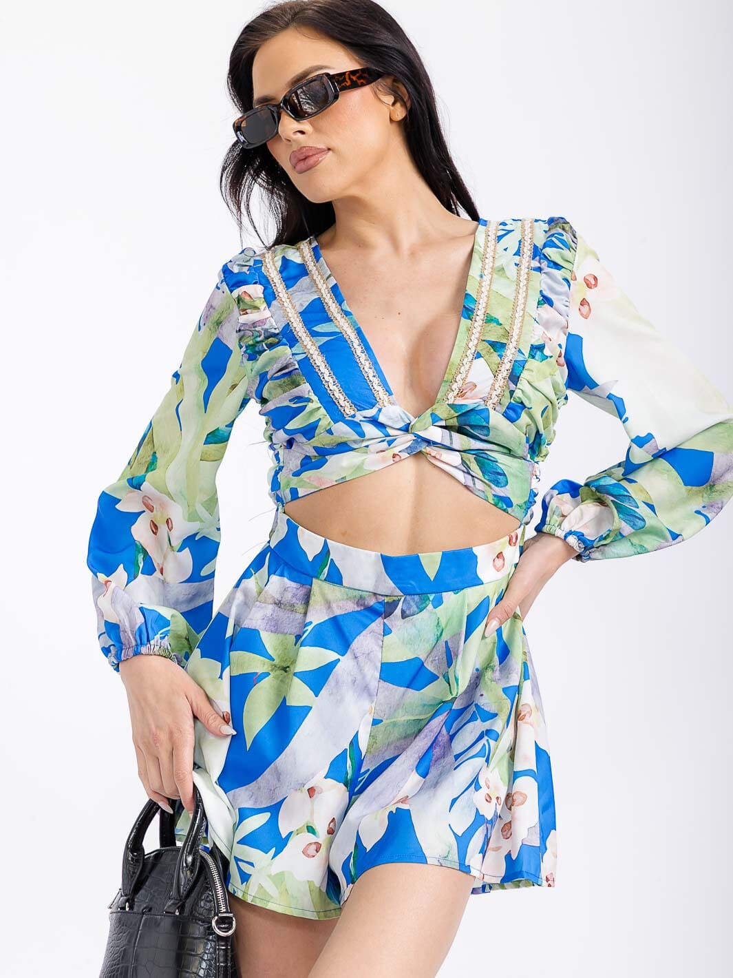 WOMEN'S LONG SLEEVE V-NECK CUT OUT FLORAL ROMPER