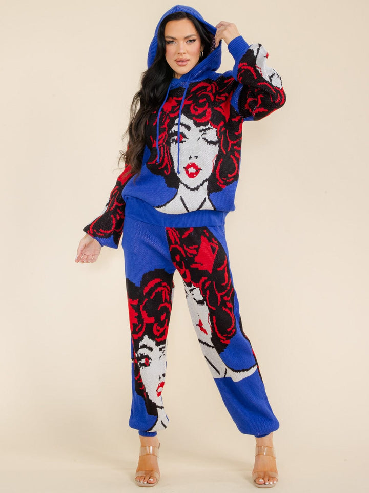 WOMEN'S LONG SLEEVE HOODED TOP & ELASTIC WAIST PANTS GRAPHIC 2PC SETS