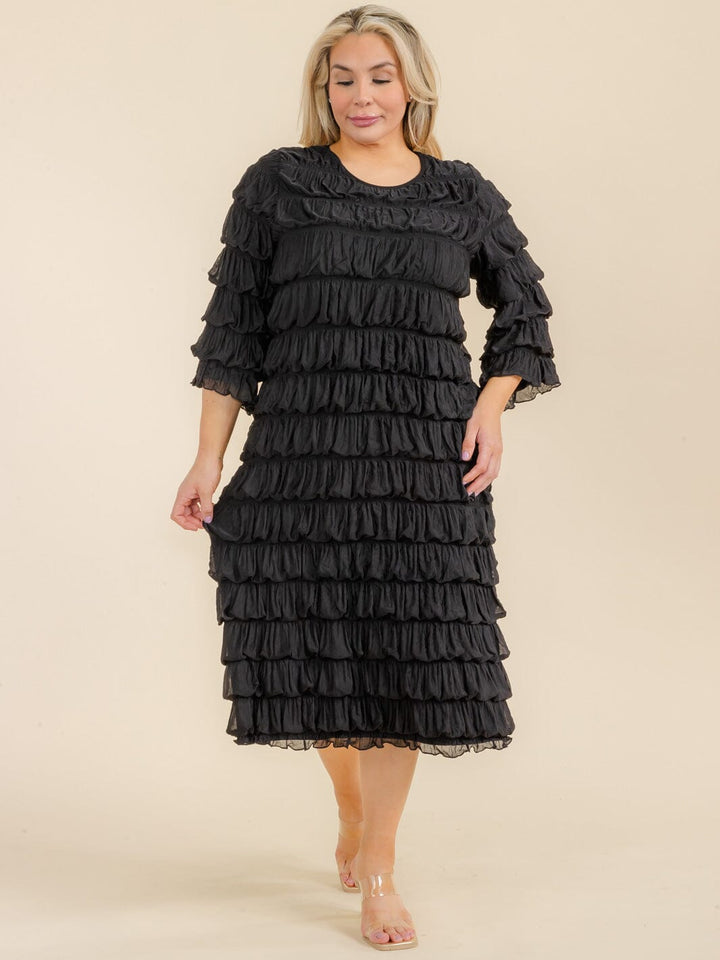 PLUS SIZE 3/4 SLEEVE TIERED RUCHED MAXI DRESS