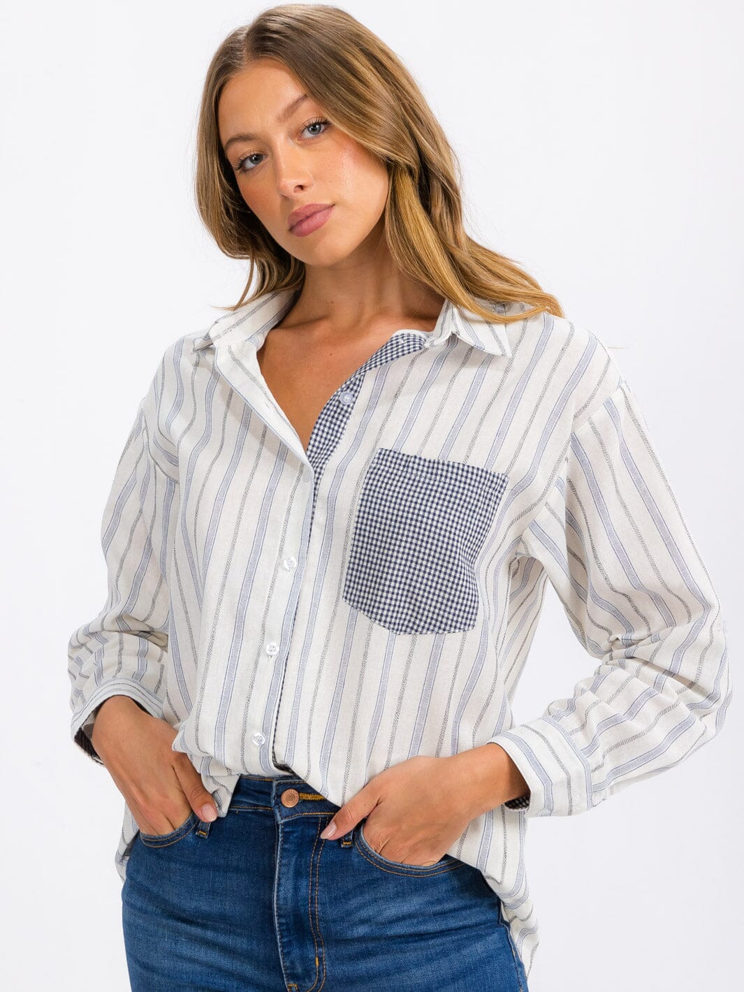 WOMEN'S LONG SLEEVE FRONT POCKET BUTTON UP STRIPES TOP