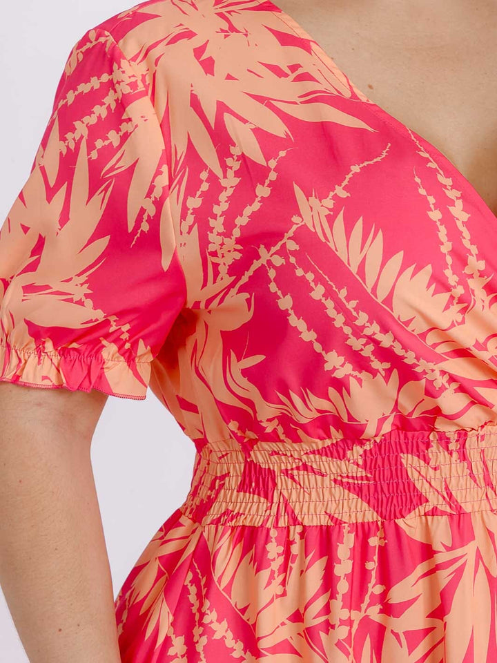 PLUS SIZE SHORT SLEEVE SURPLICE SMOCK WAIST FLORAL MAXI DRESS