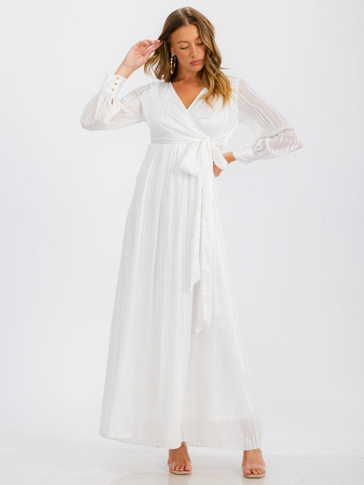 WOMEN'S LONG SLEEVE SURPLICE SELF TIE SHIMMER MAXI DRESS
