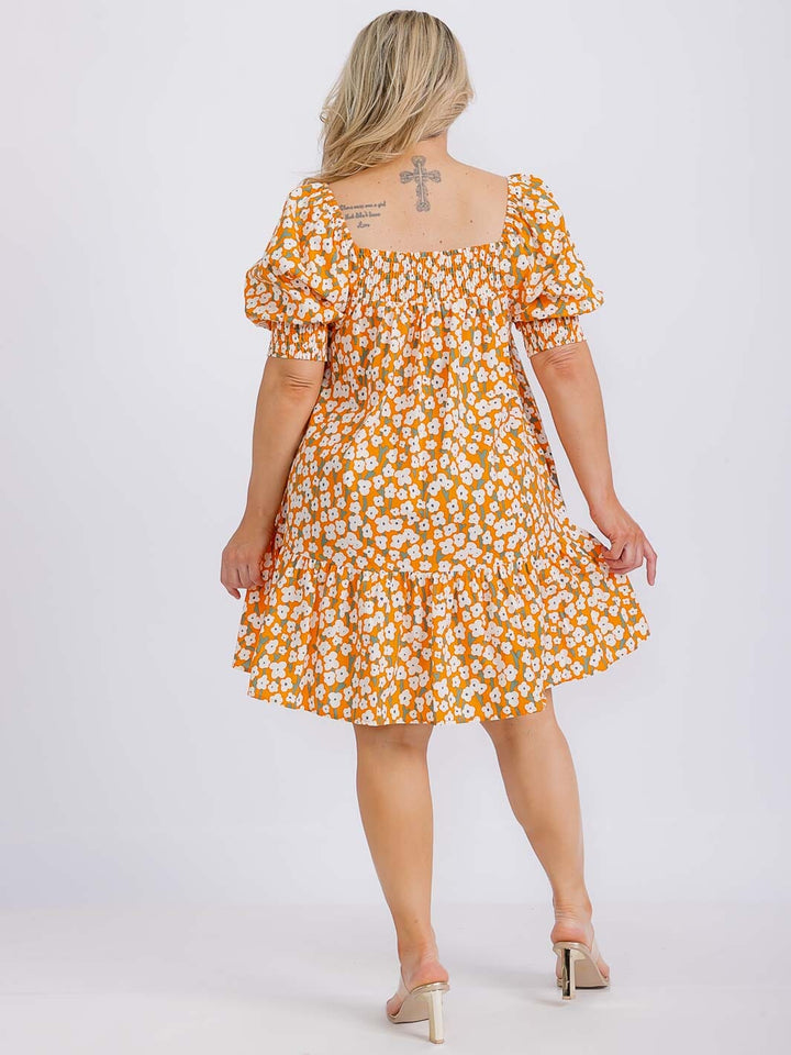 PLUS SIZE SHORT SLEEVE SMOCK NECK FRONT POCKETS FLOWER PRINT MINI DRESS