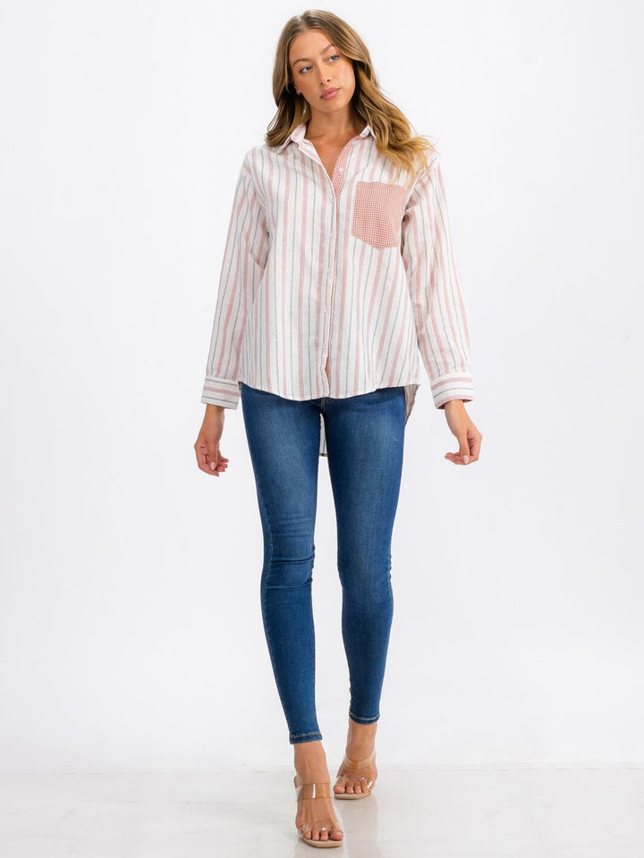 WOMEN'S LONG SLEEVE FRONT POCKET BUTTON UP STRIPES TOP