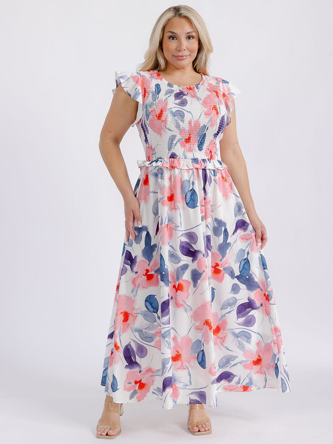 PLUS SIZE SHORT RUFFLE SLEEVE SMOCK FLORAL MAXI DRESS