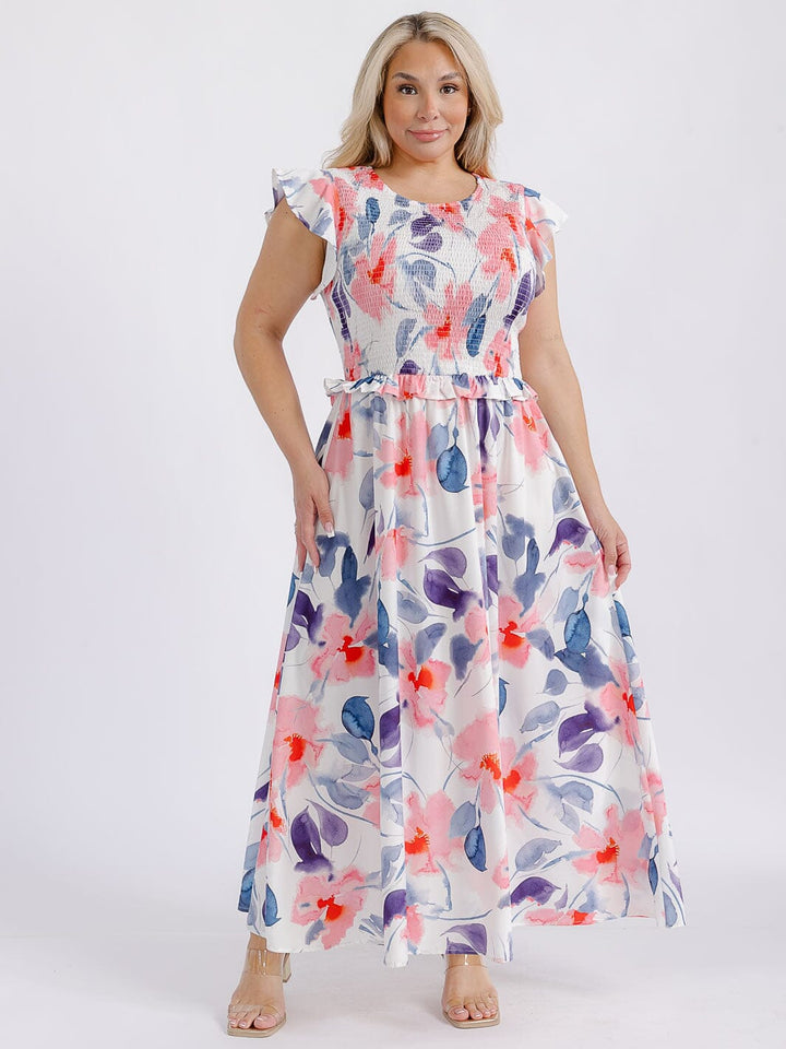 PLUS SIZE SHORT RUFFLE SLEEVE SMOCK FLORAL MAXI DRESS