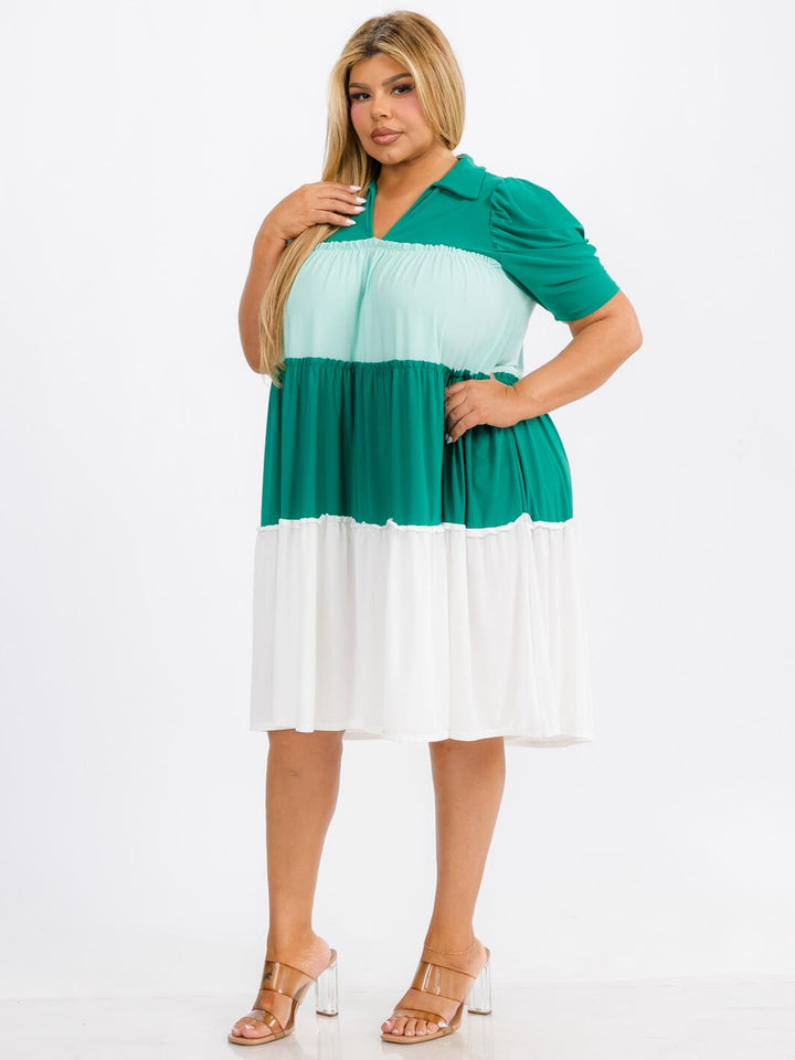 WOMEN'S SHORT SLEEVE V-NECK TIERED COLORBLOCK MIDI DRESS