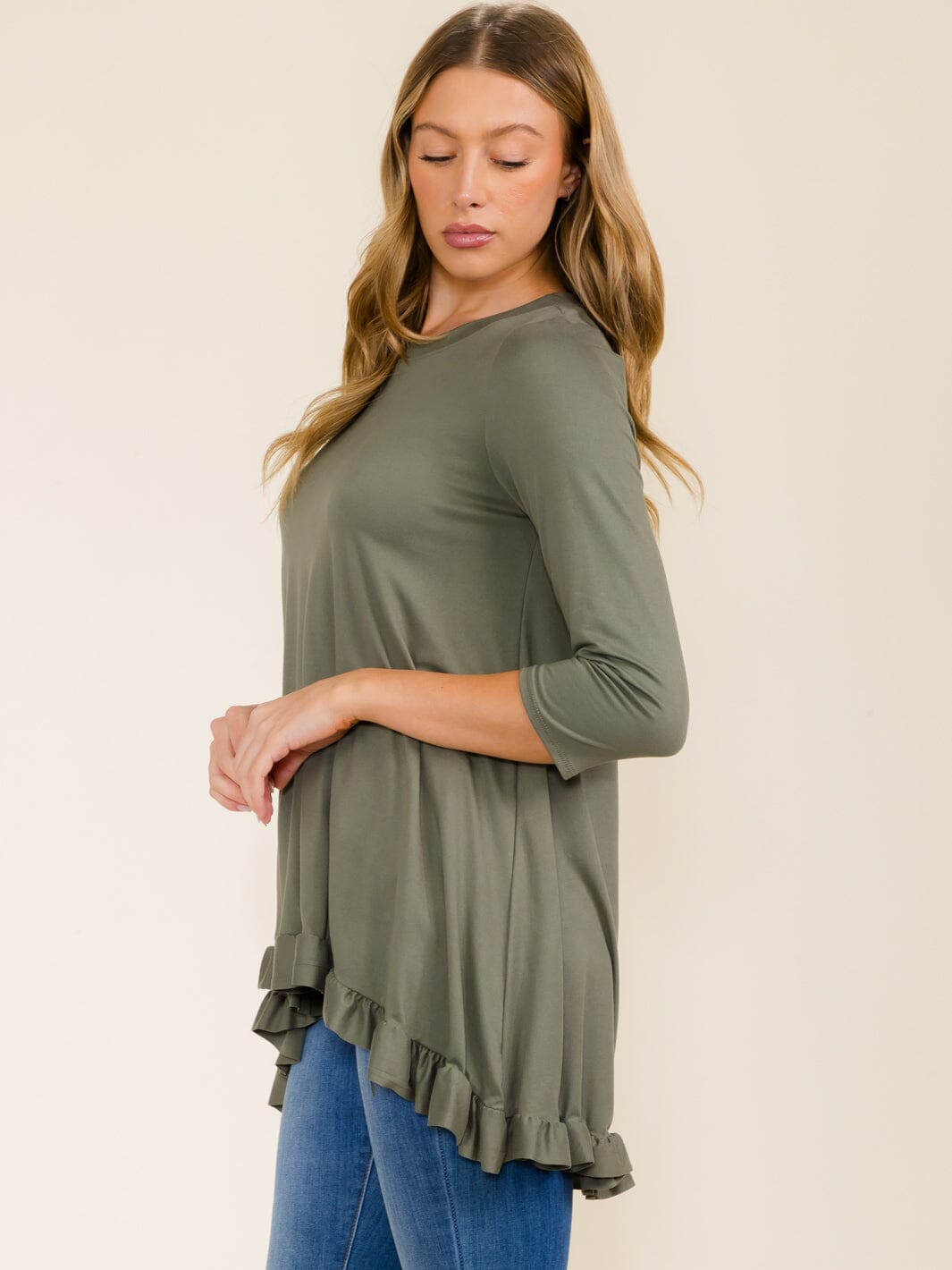 WOMEN'S 3/4 SLEEVES RUFFLE BOTTOM HEM TUNIC HIGH-LOW TOP