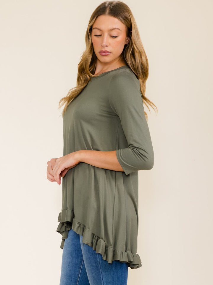 WOMEN'S 3/4 SLEEVES RUFFLE BOTTOM HEM TUNIC HIGH-LOW TOP
