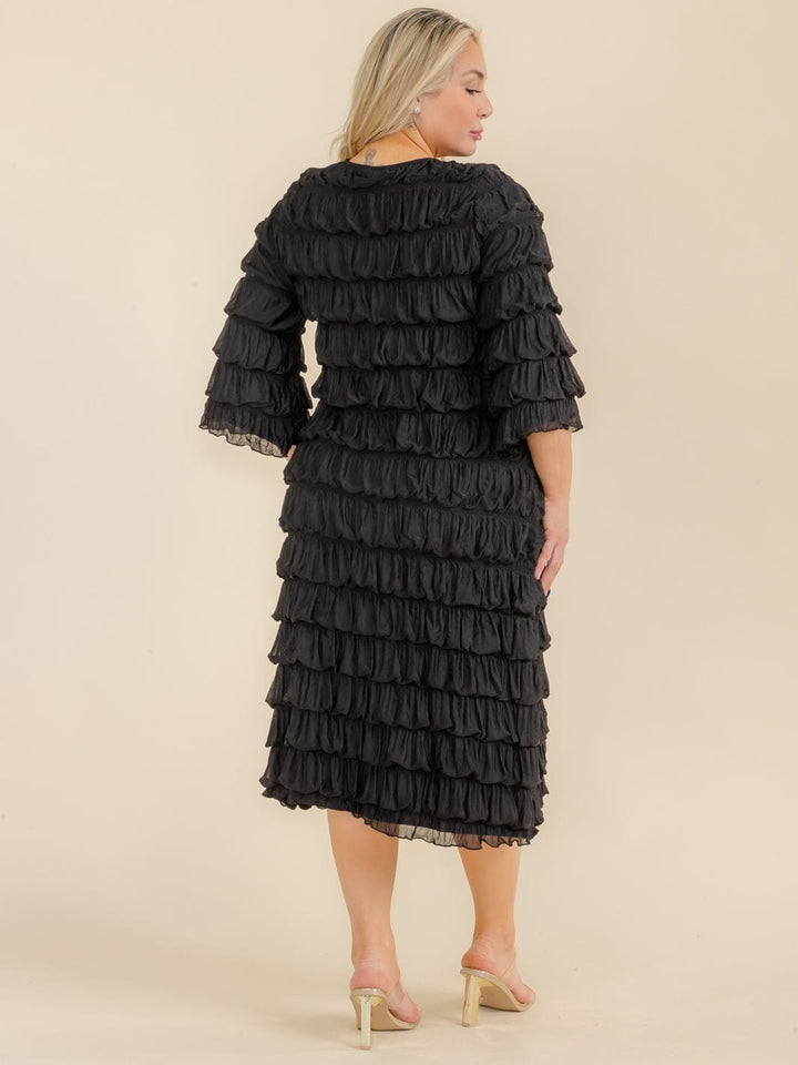 PLUS SIZE 3/4 SLEEVE TIERED RUCHED MAXI DRESS