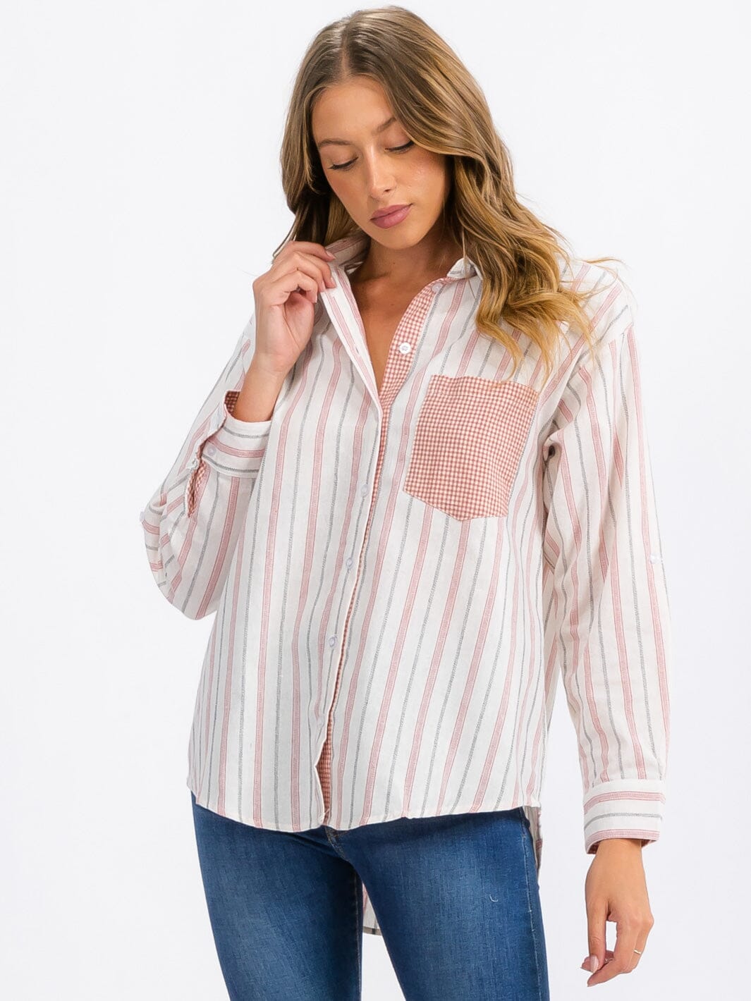 WOMEN'S LONG SLEEVE FRONT POCKET BUTTON UP STRIPES TOP