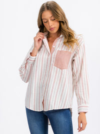 WOMEN'S LONG SLEEVE FRONT POCKET BUTTON UP STRIPES TOP