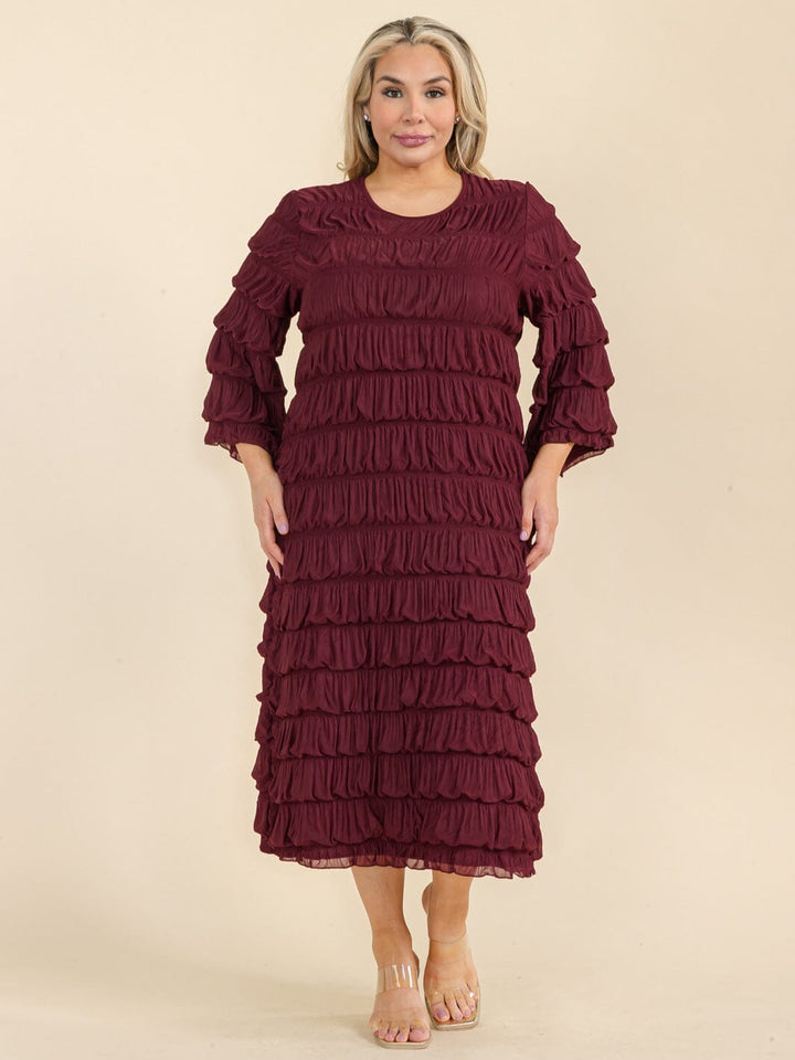 PLUS SIZE 3/4 SLEEVE TIERED RUCHED MAXI DRESS