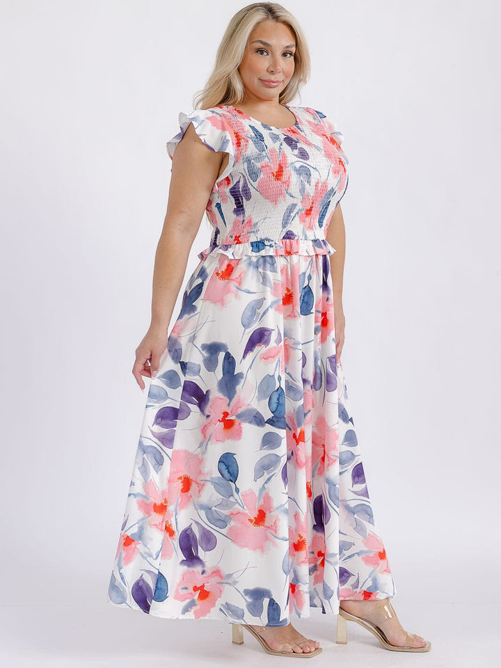 PLUS SIZE SHORT RUFFLE SLEEVE SMOCK FLORAL MAXI DRESS