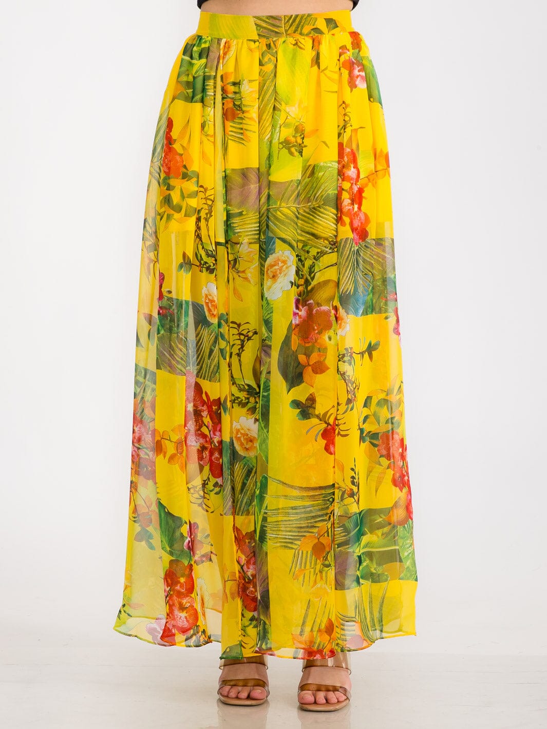 WOMEN'S ELASTIC WAIST FRONT SLIT FLORAL MAXI SKIRT