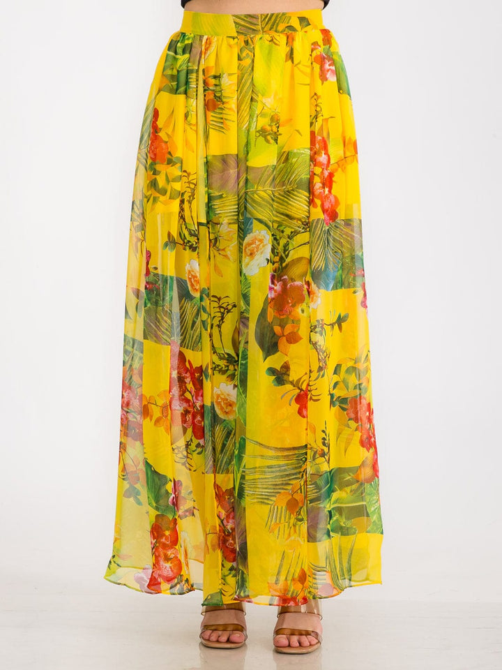 WOMEN'S ELASTIC WAIST FRONT SLIT FLORAL MAXI SKIRT