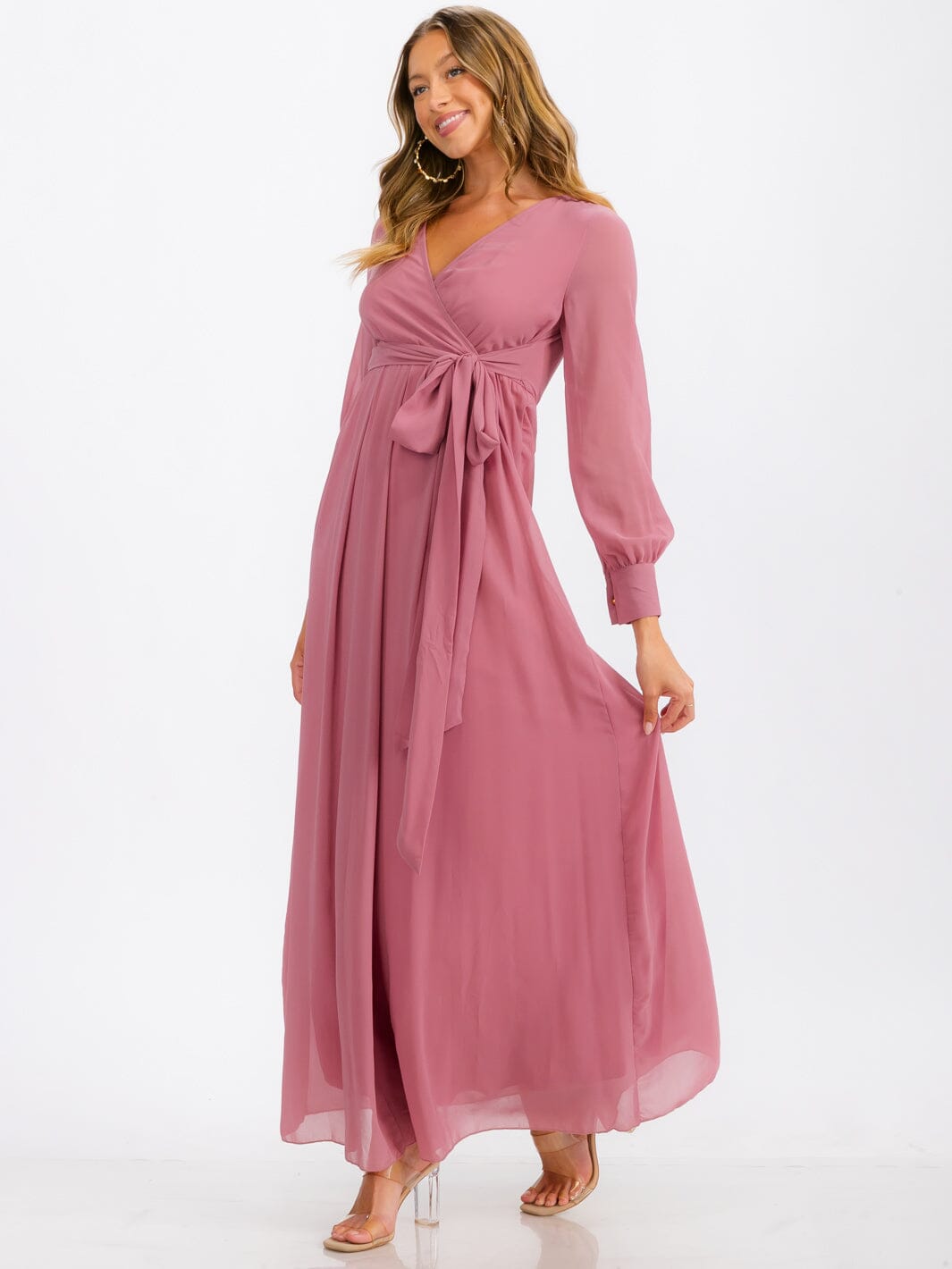 WOMEN'S LONG SLEEVE SURPLICE SELF TIE MAXI DRESS