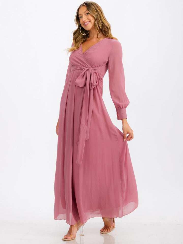 WOMEN'S LONG SLEEVE SURPLICE SELF TIE MAXI DRESS